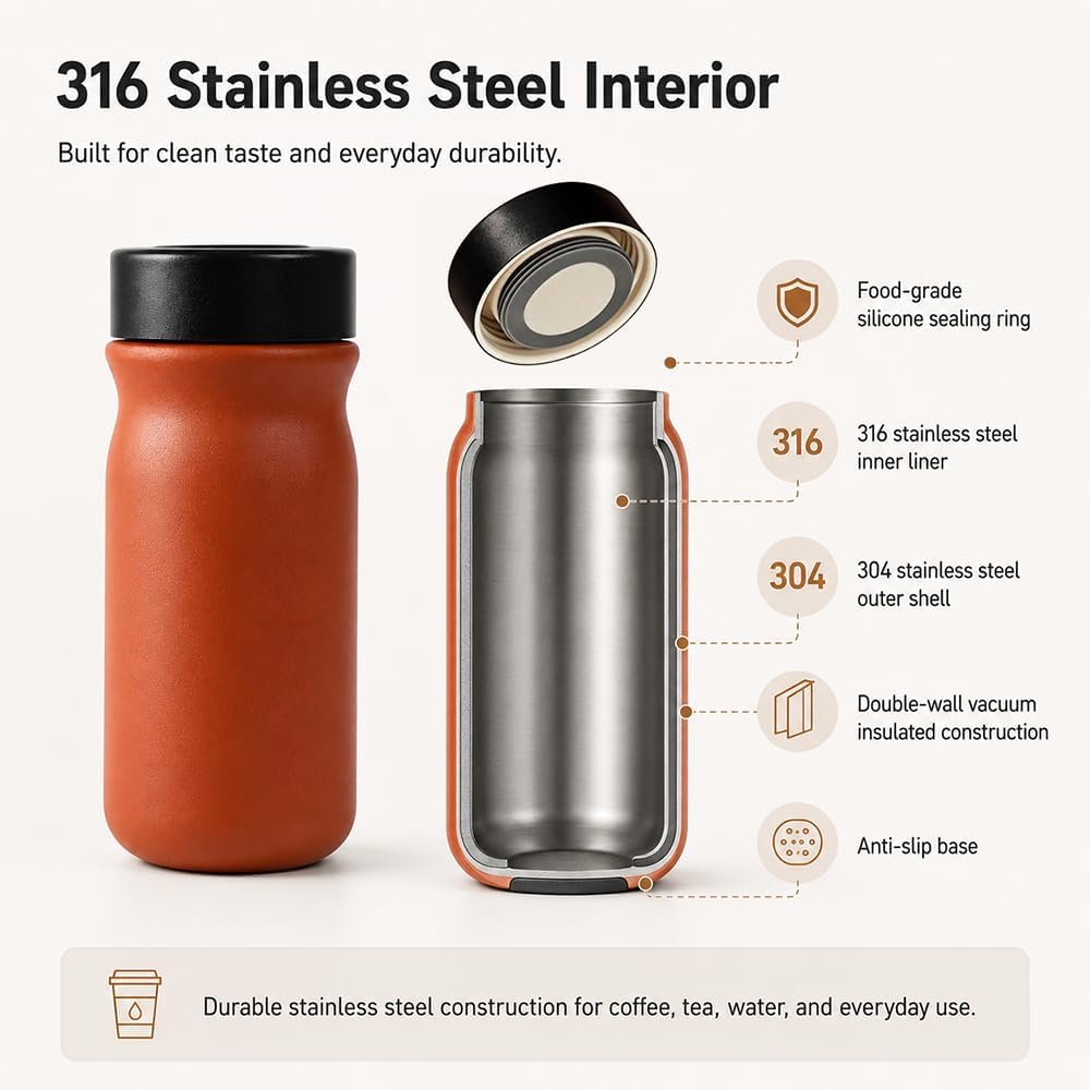 Small 11 oz Vacuum Insulated Stainless Steel Bottle – Leakproof Coffee Flask with 316 Interior, Compact for Tea & Water, Travel Mug for Commute