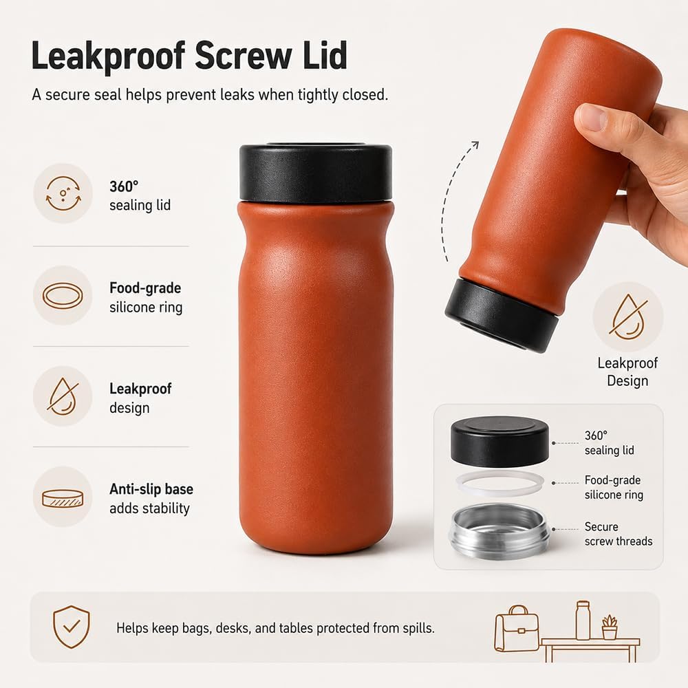 Small 11 oz Vacuum Insulated Stainless Steel Bottle – Leakproof Coffee Flask with 316 Interior, Compact for Tea & Water, Travel Mug for Commute