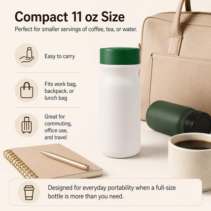 Small 11 oz Vacuum Insulated Stainless Steel Bottle – Leakproof Coffee Flask with 316 Interior, Compact for Tea & Water, Travel Mug for Commute