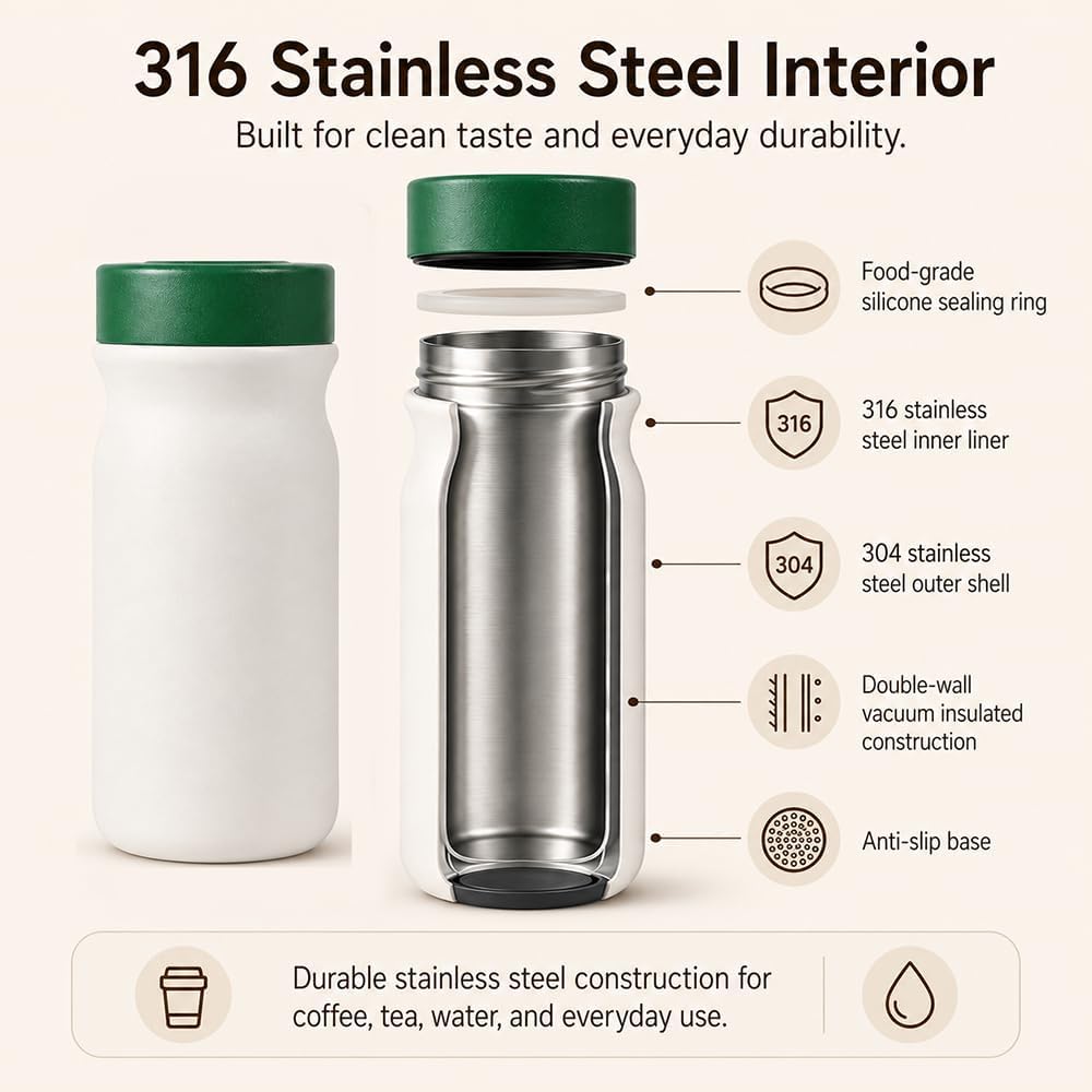 Small 11 oz Vacuum Insulated Stainless Steel Bottle – Leakproof Coffee Flask with 316 Interior, Compact for Tea & Water, Travel Mug for Commute