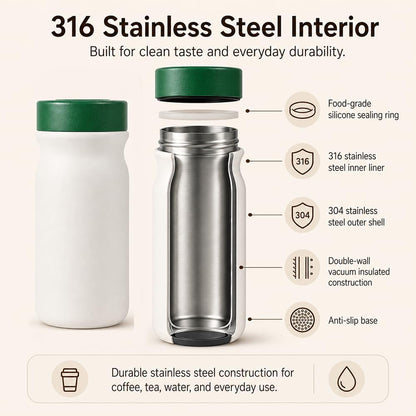 Small 11 oz Vacuum Insulated Stainless Steel Bottle – Leakproof Coffee Flask with 316 Interior, Compact for Tea & Water, Travel Mug for Commute