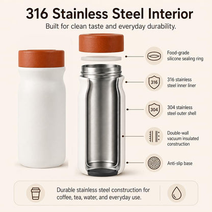 Small 11 oz Vacuum Insulated Stainless Steel Bottle – Leakproof Coffee Flask with 316 Interior, Compact for Tea & Water, Travel Mug for Commute