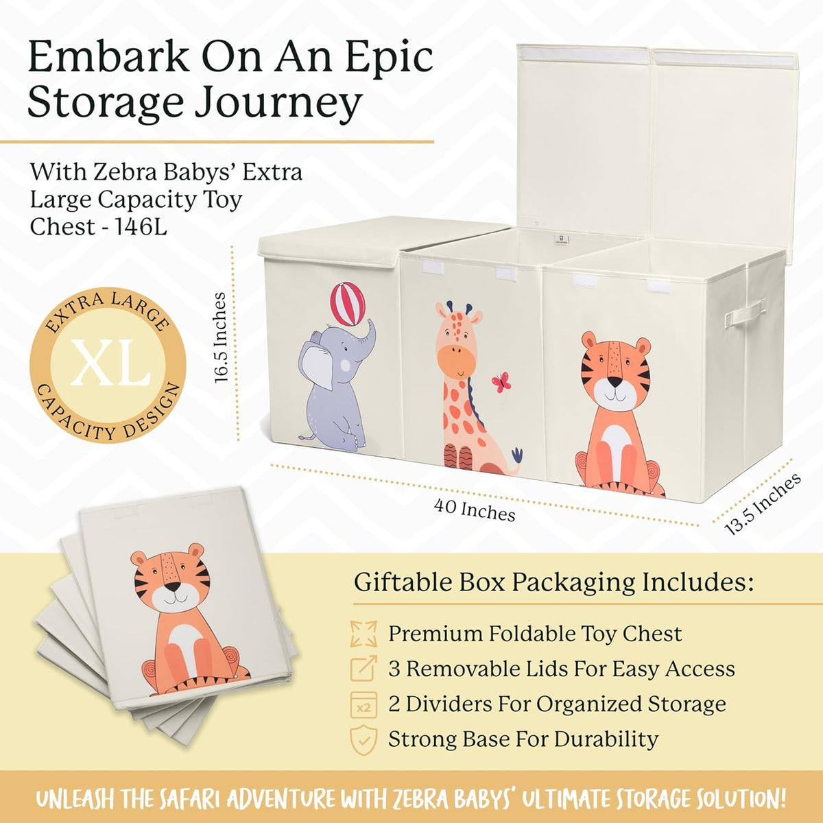 Extra Large Toy Box Chest for Kids — Collapsible Toy Storage Organizer with Lid, 40" Wide, Removable Dividers, Boys & Girls