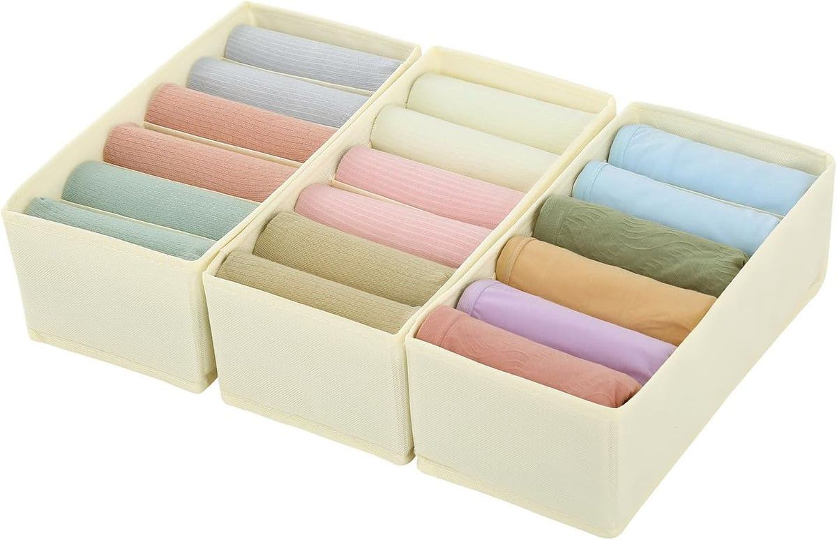 3 Pack Sock Underwear Drawer Organizer Dividers, Non-Woven Fabric Collapsible Cabinet Closet Storage Boxes for Clothes, Socks, Lingerie, Underwear, Tie, Belt, Baby, Bedroom (Gray, 6 Cells)
