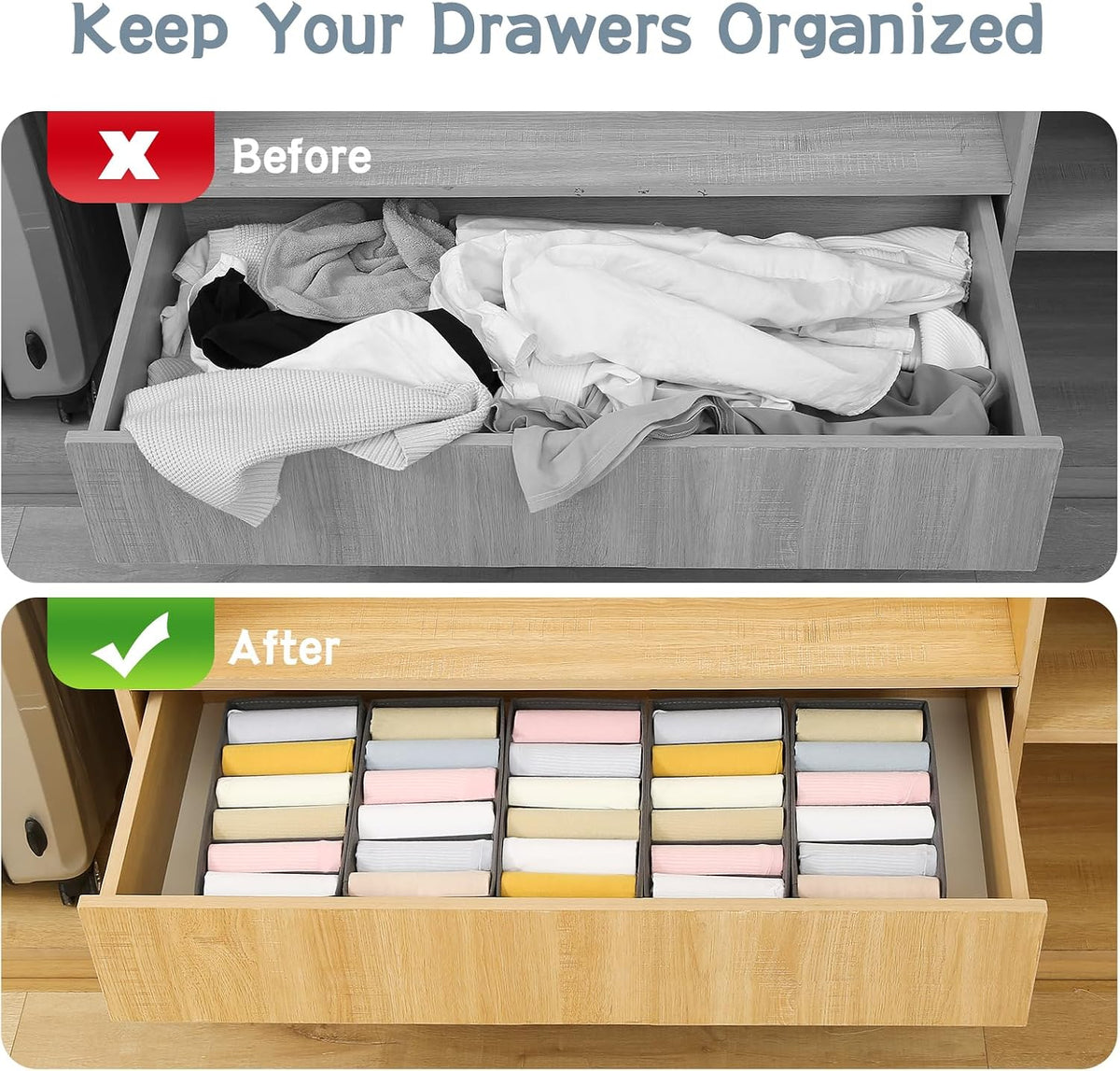 3 Pack Sock Underwear Drawer Organizer Dividers, Non-Woven Fabric Collapsible Cabinet Closet Storage Boxes for Clothes, Socks, Lingerie, Underwear, Tie, Belt, Baby, Bedroom (Gray, 6 Cells)