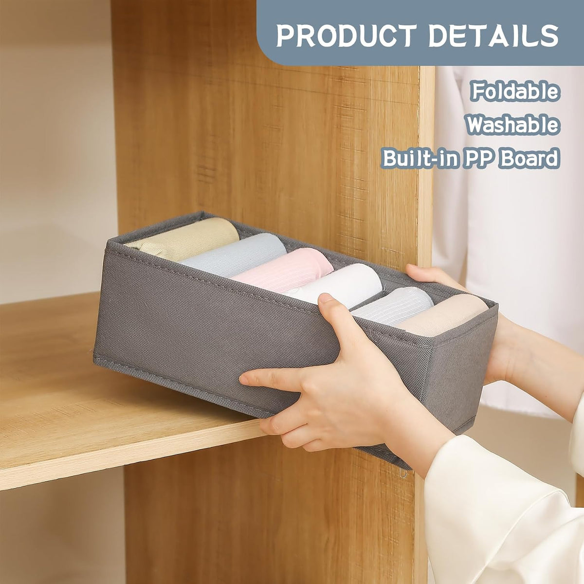 3 Pack Sock Underwear Drawer Organizer Dividers, Non-Woven Fabric Collapsible Cabinet Closet Storage Boxes for Clothes, Socks, Lingerie, Underwear, Tie, Belt, Baby, Bedroom (Gray, 6 Cells)