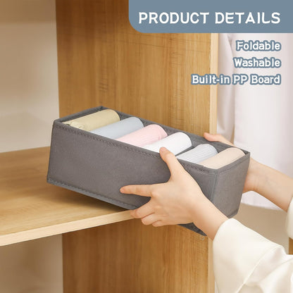 3 Pack Sock Underwear Drawer Organizer Dividers, Non-Woven Fabric Collapsible Cabinet Closet Storage Boxes for Clothes, Socks, Lingerie, Underwear, Tie, Belt, Baby, Bedroom (Gray, 6 Cells)