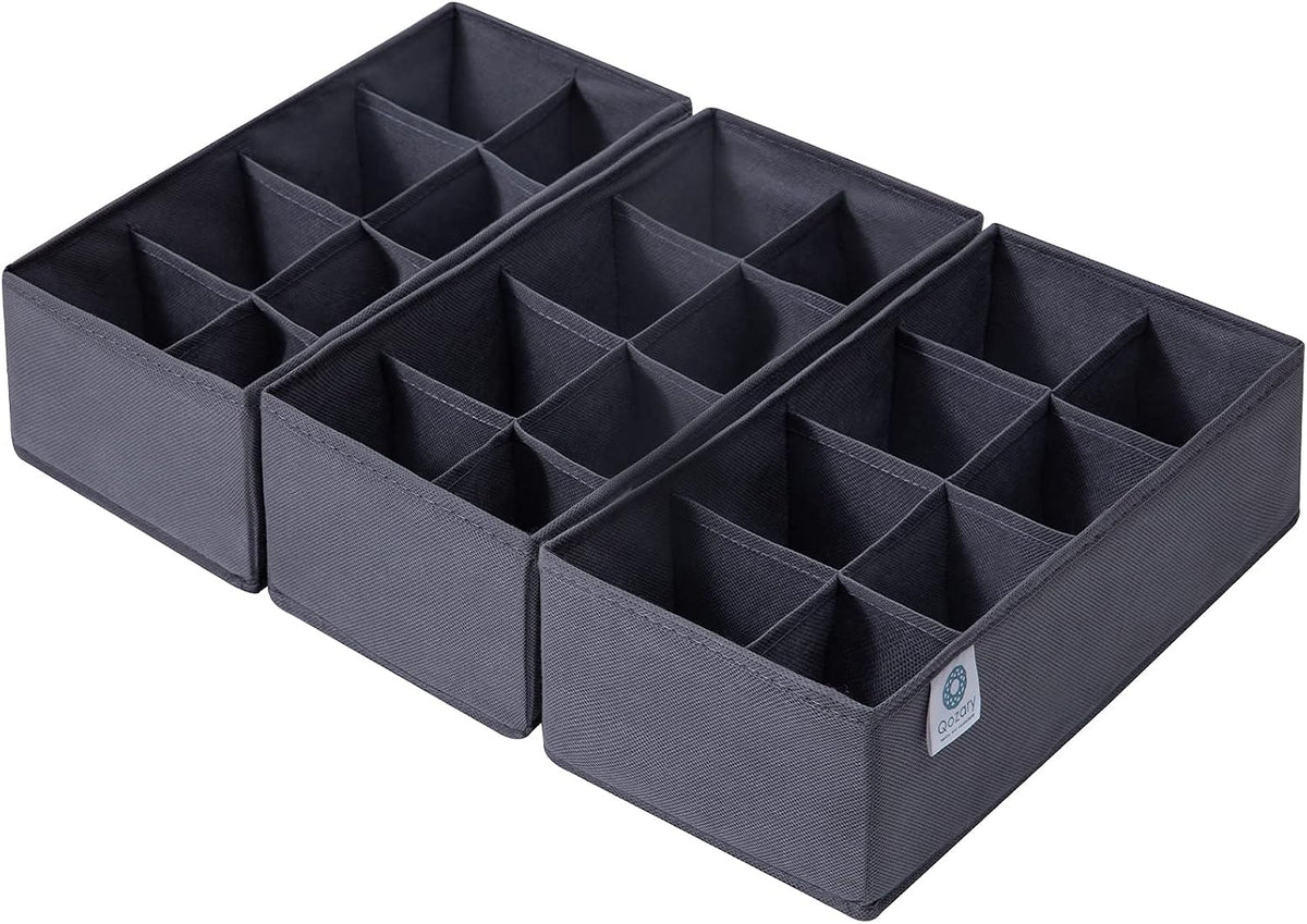 3 Pack Sock Underwear Drawer Organizer Dividers, Non-Woven Fabric Collapsible Cabinet Closet Storage Boxes for Clothes, Socks, Lingerie, Underwear, Tie, Belt, Baby, Bedroom (Gray, 6 Cells)