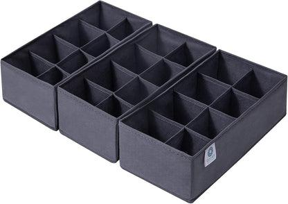 3 Pack Sock Underwear Drawer Organizer Dividers, Non-Woven Fabric Collapsible Cabinet Closet Storage Boxes for Clothes, Socks, Lingerie, Underwear, Tie, Belt, Baby, Bedroom (Gray, 6 Cells)