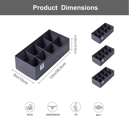 3 Pack Sock Underwear Drawer Organizer Dividers, Non-Woven Fabric Collapsible Cabinet Closet Storage Boxes for Clothes, Socks, Lingerie, Underwear, Tie, Belt, Baby, Bedroom (Gray, 6 Cells)