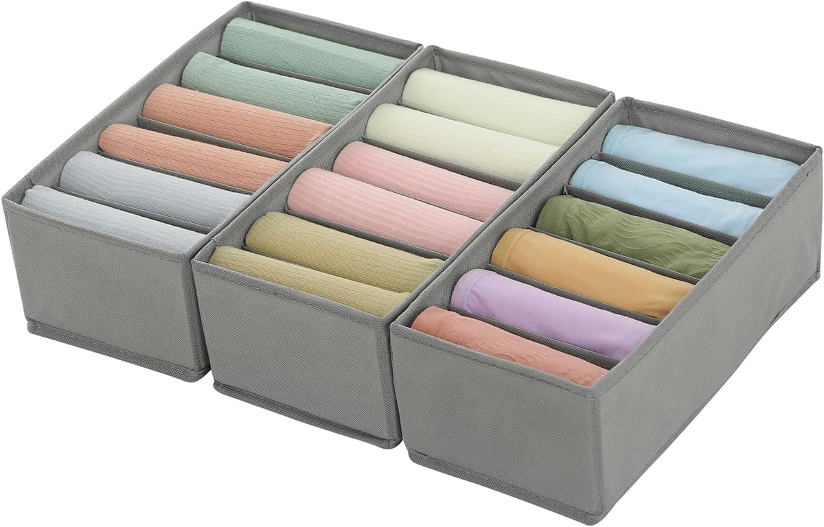 3 Pack Sock Underwear Drawer Organizer Dividers, Non-Woven Fabric Collapsible Cabinet Closet Storage Boxes for Clothes, Socks, Lingerie, Underwear, Tie, Belt, Baby, Bedroom (Gray, 6 Cells)