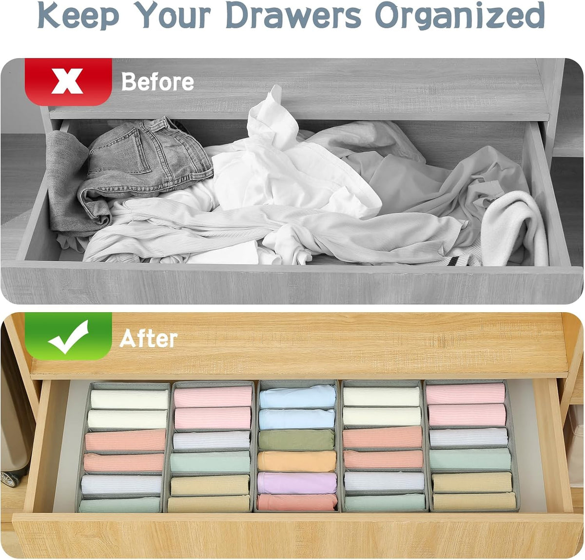 3 Pack Sock Underwear Drawer Organizer Dividers, Non-Woven Fabric Collapsible Cabinet Closet Storage Boxes for Clothes, Socks, Lingerie, Underwear, Tie, Belt, Baby, Bedroom (Gray, 6 Cells)
