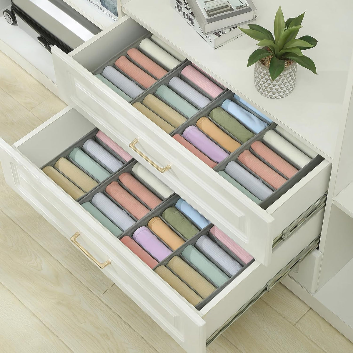 3 Pack Sock Underwear Drawer Organizer Dividers, Non-Woven Fabric Collapsible Cabinet Closet Storage Boxes for Clothes, Socks, Lingerie, Underwear, Tie, Belt, Baby, Bedroom (Gray, 6 Cells)