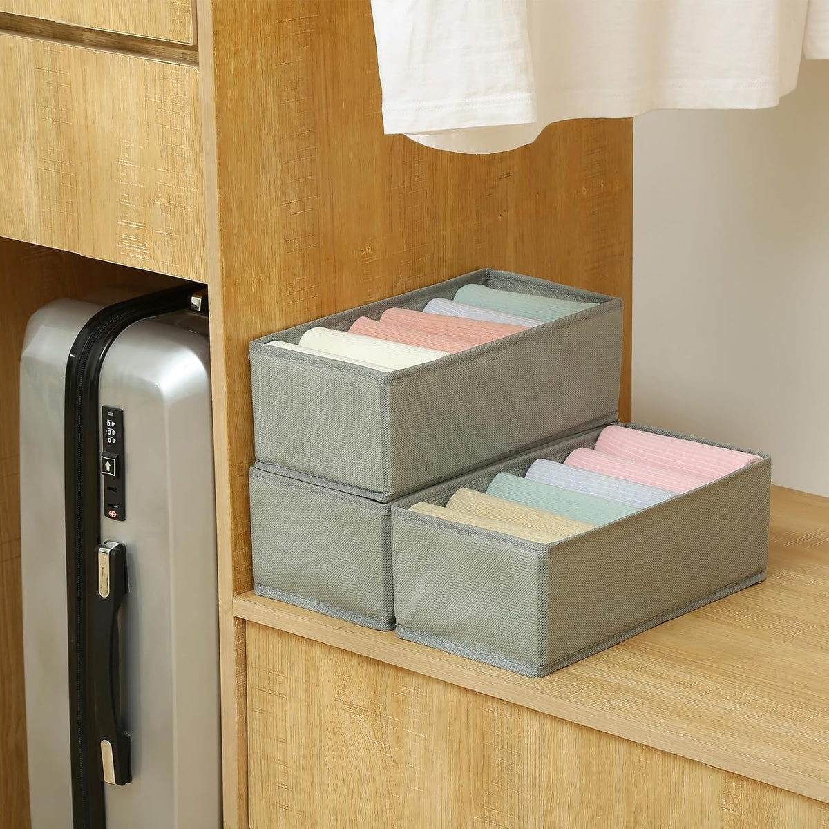 3 Pack Sock Underwear Drawer Organizer Dividers, Non-Woven Fabric Collapsible Cabinet Closet Storage Boxes for Clothes, Socks, Lingerie, Underwear, Tie, Belt, Baby, Bedroom (Gray, 6 Cells)