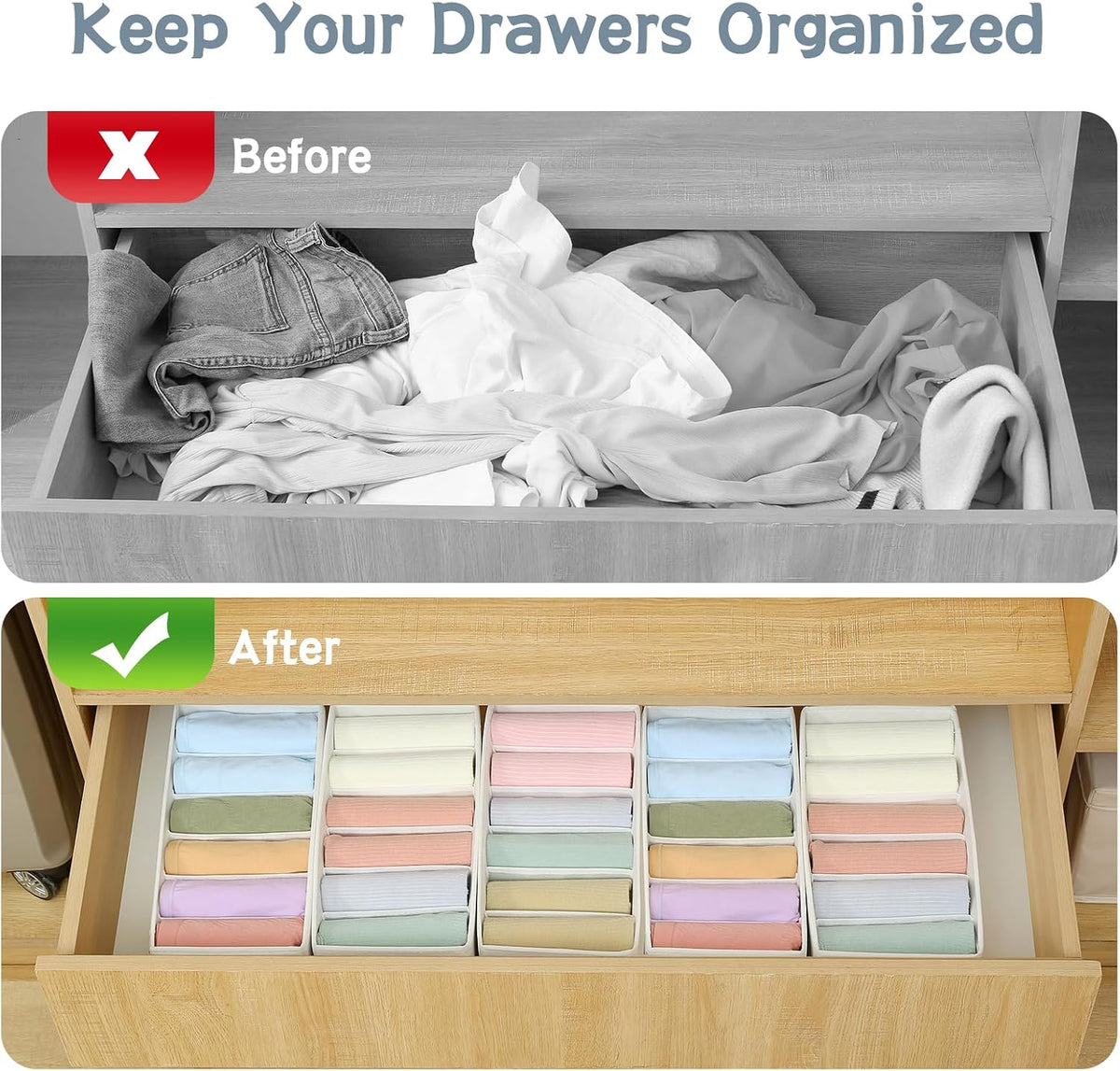 3 Pack Sock Underwear Drawer Organizer Dividers, Non-Woven Fabric Collapsible Cabinet Closet Storage Boxes for Clothes, Socks, Lingerie, Underwear, Tie, Belt, Baby, Bedroom (Gray, 6 Cells)