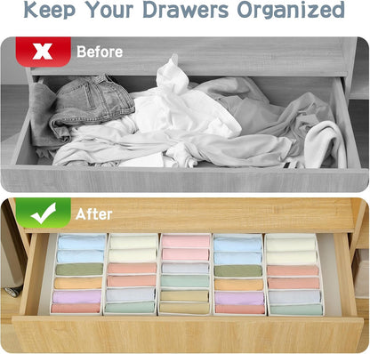 3 Pack Sock Underwear Drawer Organizer Dividers, Non-Woven Fabric Collapsible Cabinet Closet Storage Boxes for Clothes, Socks, Lingerie, Underwear, Tie, Belt, Baby, Bedroom (Gray, 6 Cells)