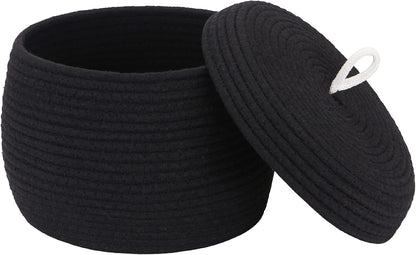 Round Woven Cotton Rope Storage Basket with Lid, Khaki