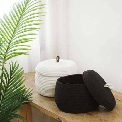 Round Woven Cotton Rope Storage Basket with Lid, Khaki
