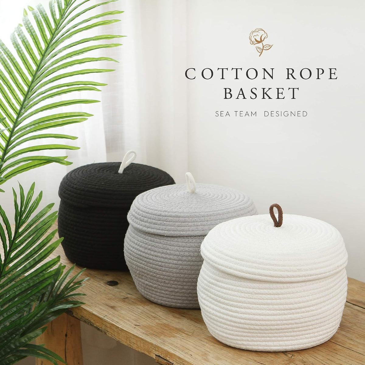 Round Woven Cotton Rope Storage Basket with Lid, Khaki