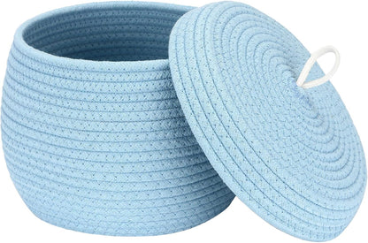 Round Woven Cotton Rope Storage Basket with Lid, Khaki