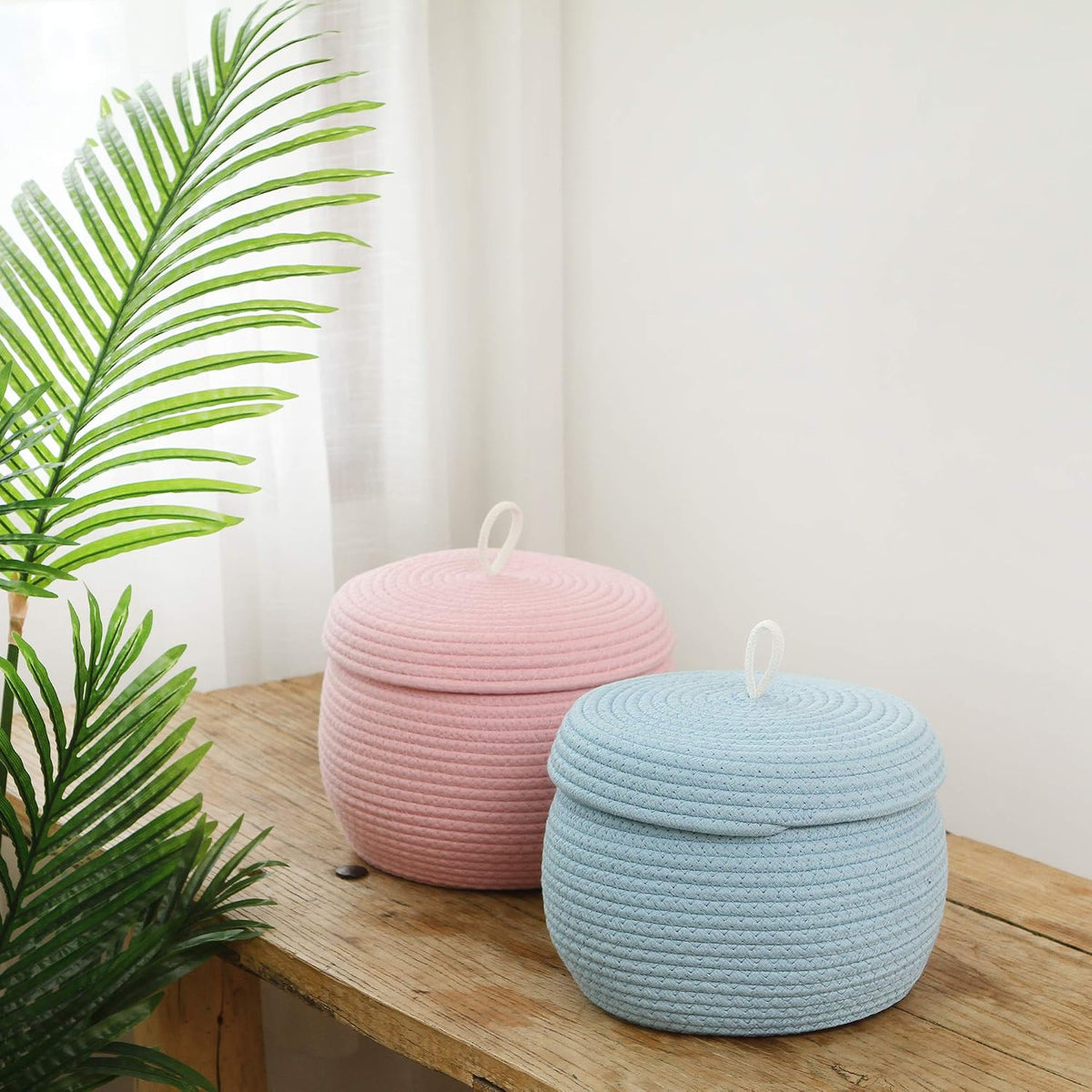 Round Woven Cotton Rope Storage Basket with Lid, Khaki