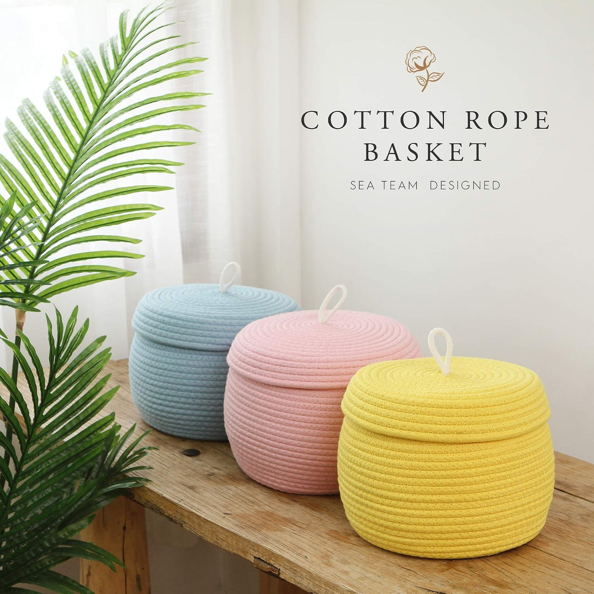 Round Woven Cotton Rope Storage Basket with Lid, Khaki