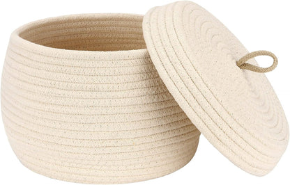 Round Woven Cotton Rope Storage Basket with Lid, Khaki