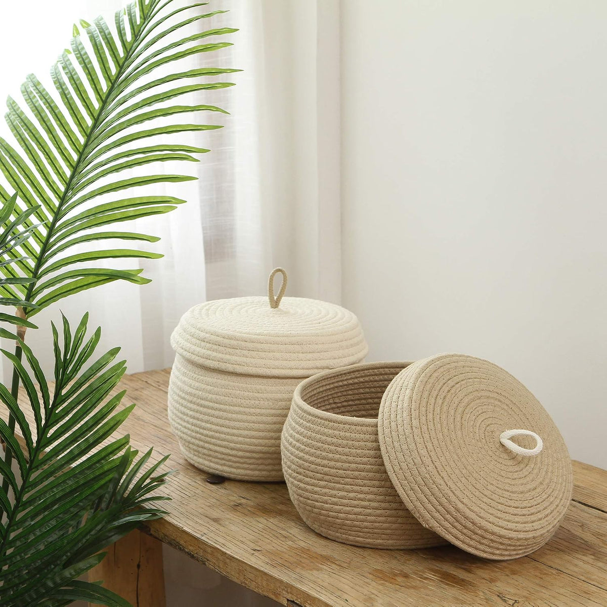 Round Woven Cotton Rope Storage Basket with Lid, Khaki
