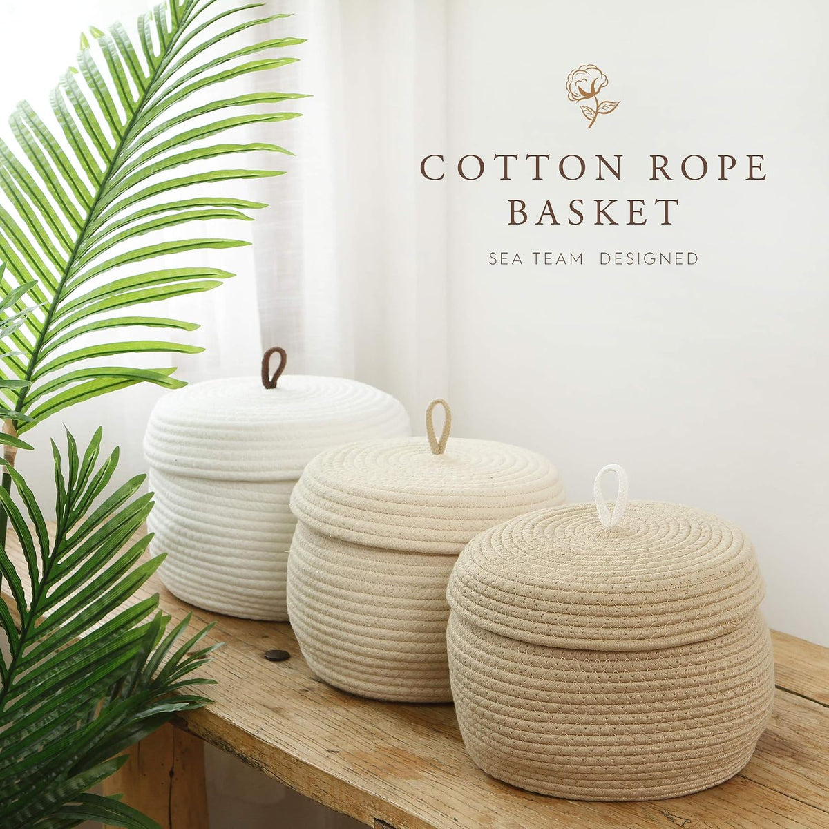 Round Woven Cotton Rope Storage Basket with Lid, Khaki