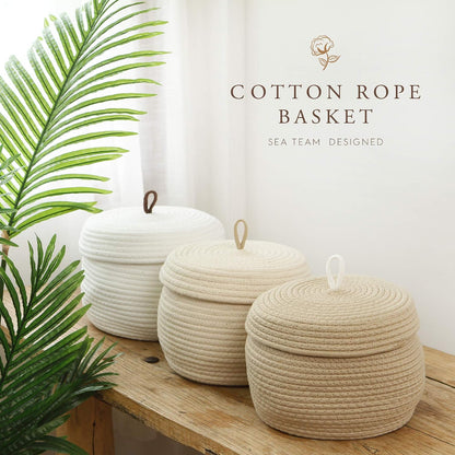Round Woven Cotton Rope Storage Basket with Lid, Khaki