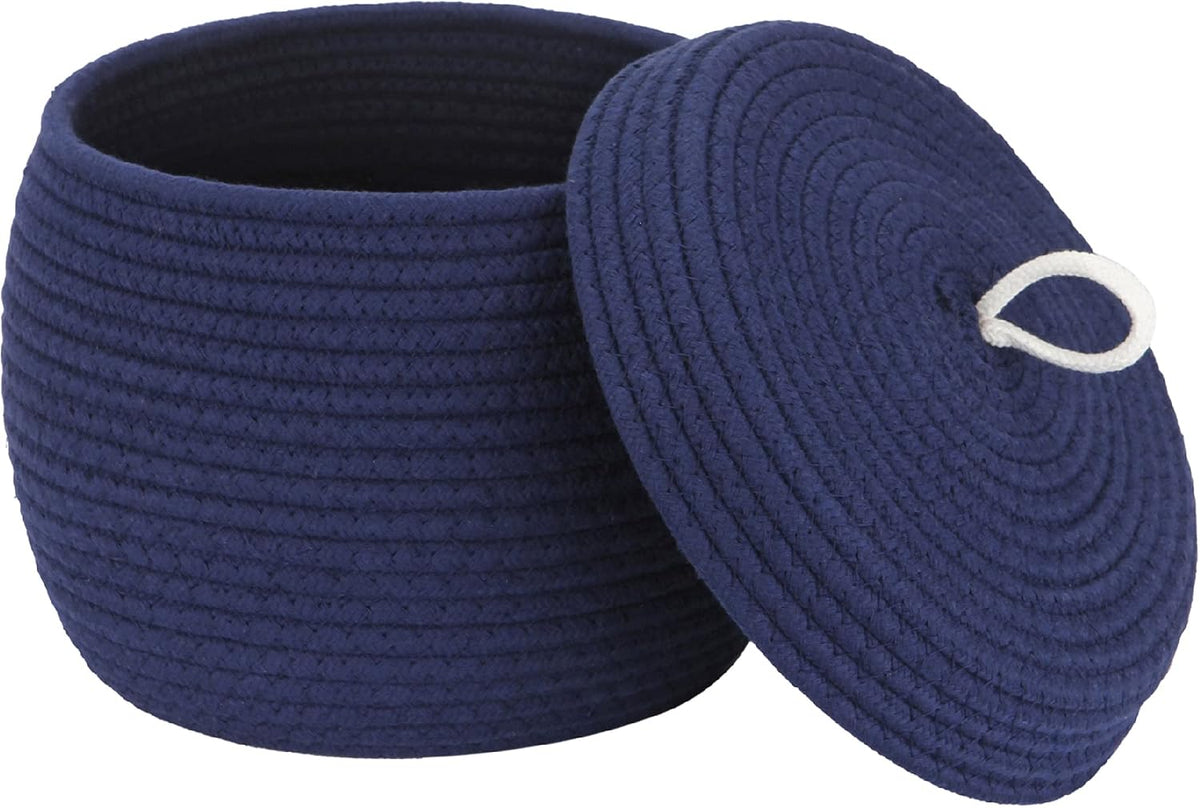 Round Woven Cotton Rope Storage Basket with Lid, Khaki