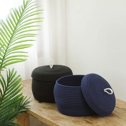 Round Woven Cotton Rope Storage Basket with Lid, Khaki