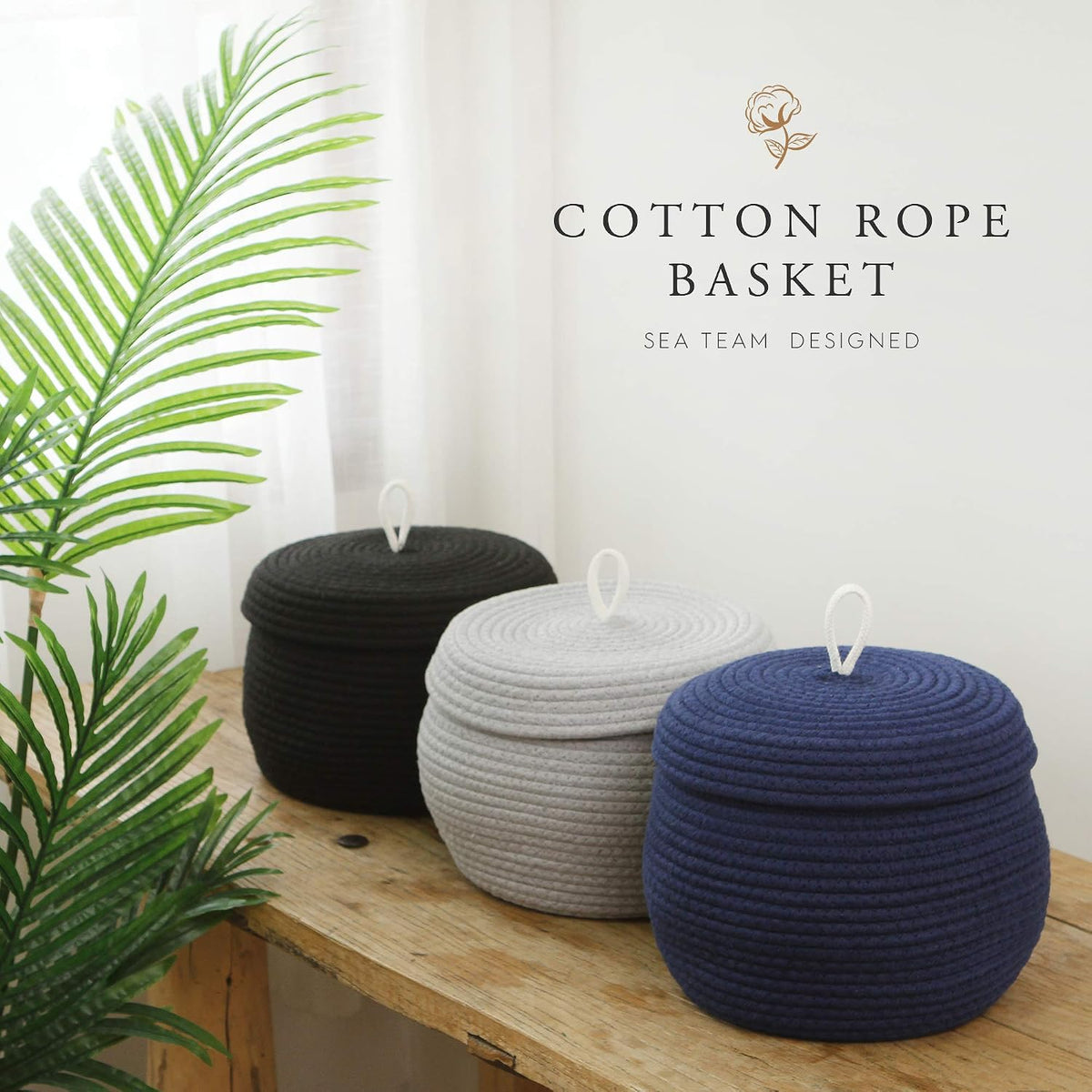 Round Woven Cotton Rope Storage Basket with Lid, Khaki