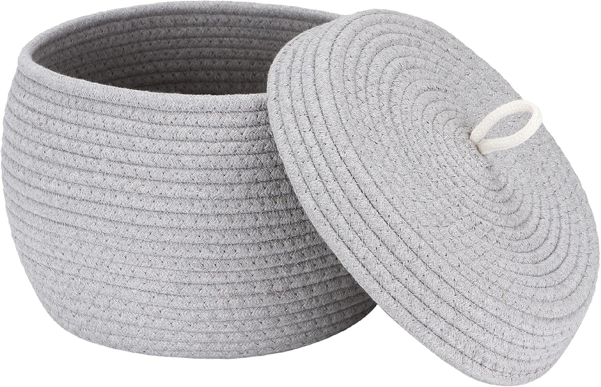 Round Woven Cotton Rope Storage Basket with Lid, Khaki