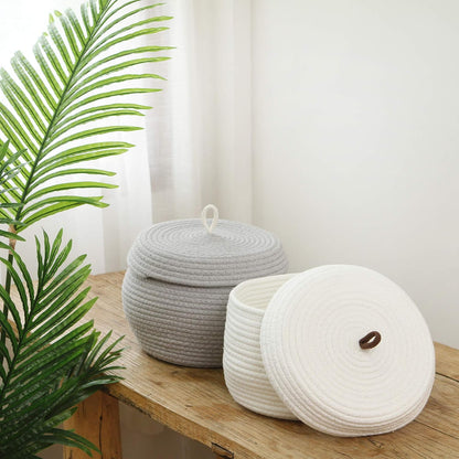 Round Woven Cotton Rope Storage Basket with Lid, Khaki