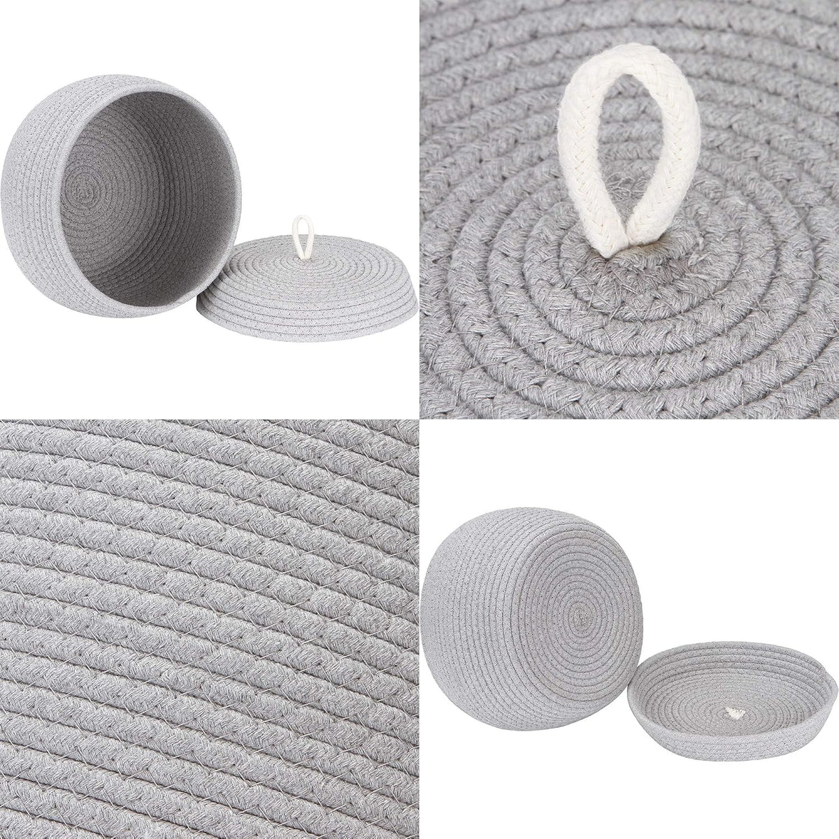Round Woven Cotton Rope Storage Basket with Lid, Khaki