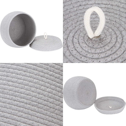 Round Woven Cotton Rope Storage Basket with Lid, Khaki