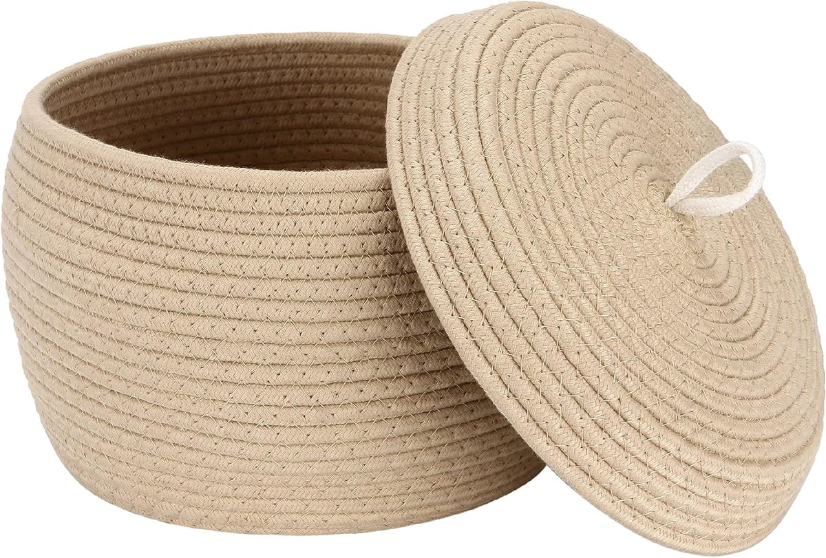 Round Woven Cotton Rope Storage Basket with Lid, Khaki