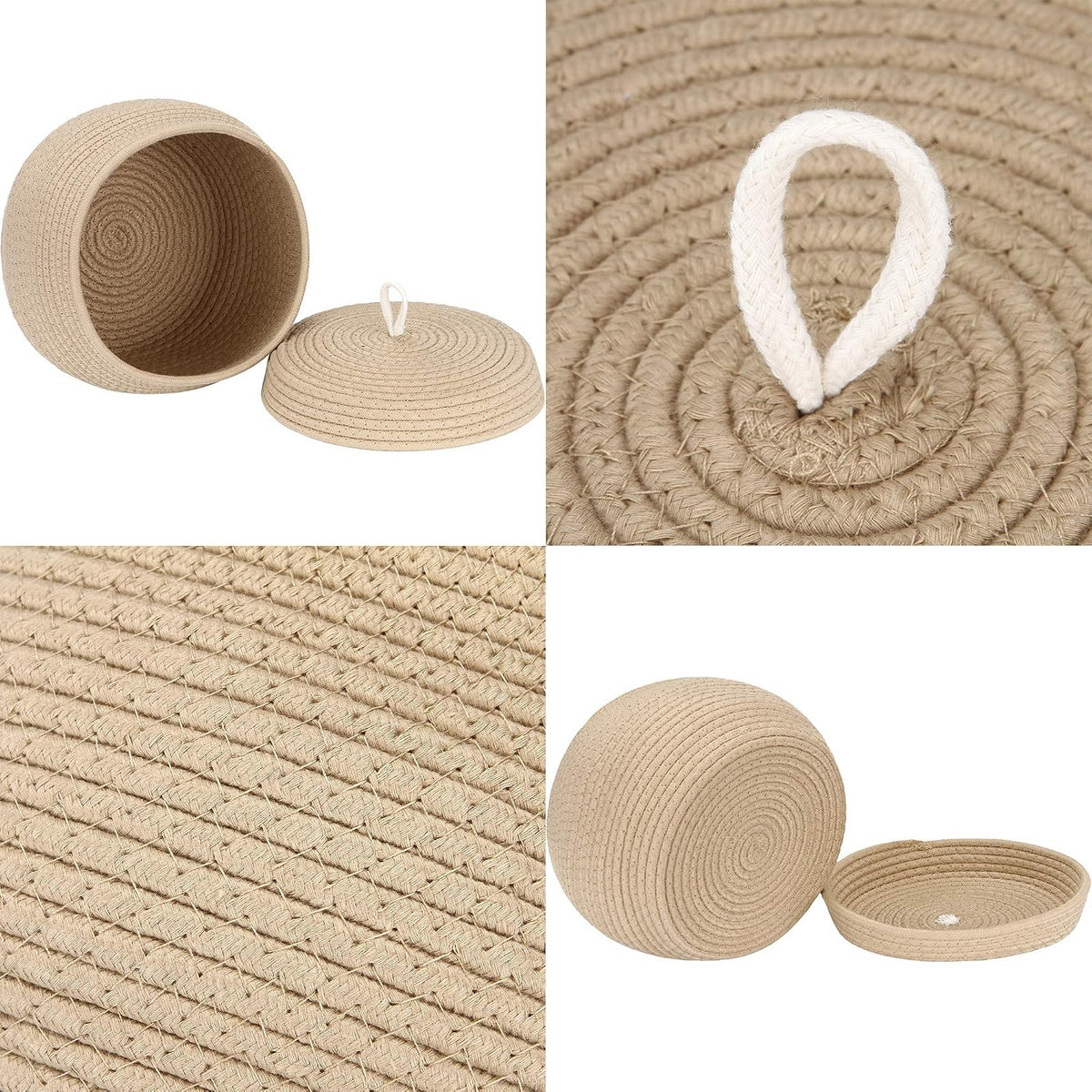 Round Woven Cotton Rope Storage Basket with Lid, Khaki