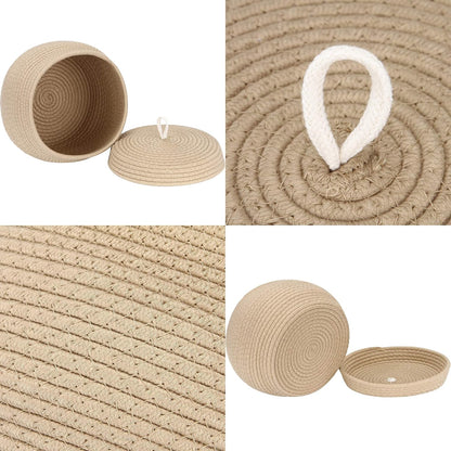 Round Woven Cotton Rope Storage Basket with Lid, Khaki