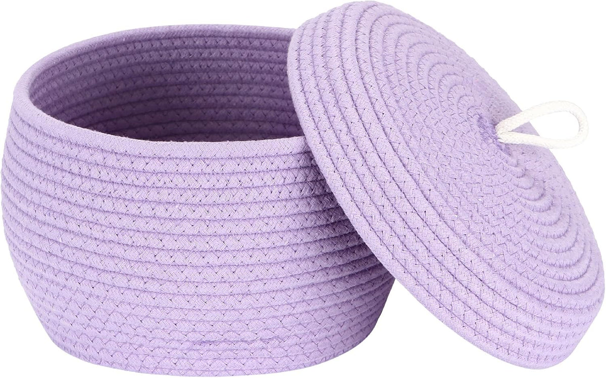Round Woven Cotton Rope Storage Basket with Lid, Khaki