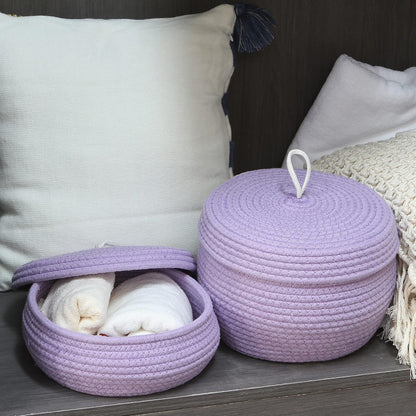 Round Woven Cotton Rope Storage Basket with Lid, Khaki
