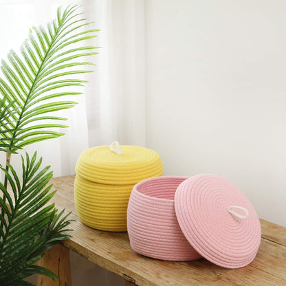 Round Woven Cotton Rope Storage Basket with Lid, Khaki