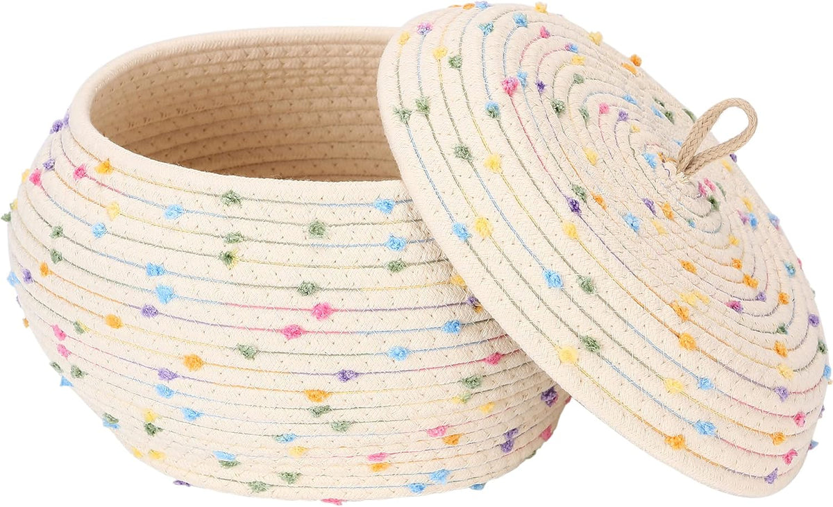 Round Woven Cotton Rope Storage Basket with Lid, Khaki
