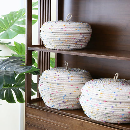 Round Woven Cotton Rope Storage Basket with Lid, Khaki