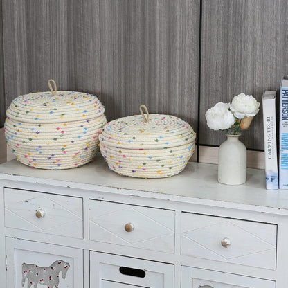 Round Woven Cotton Rope Storage Basket with Lid, Khaki