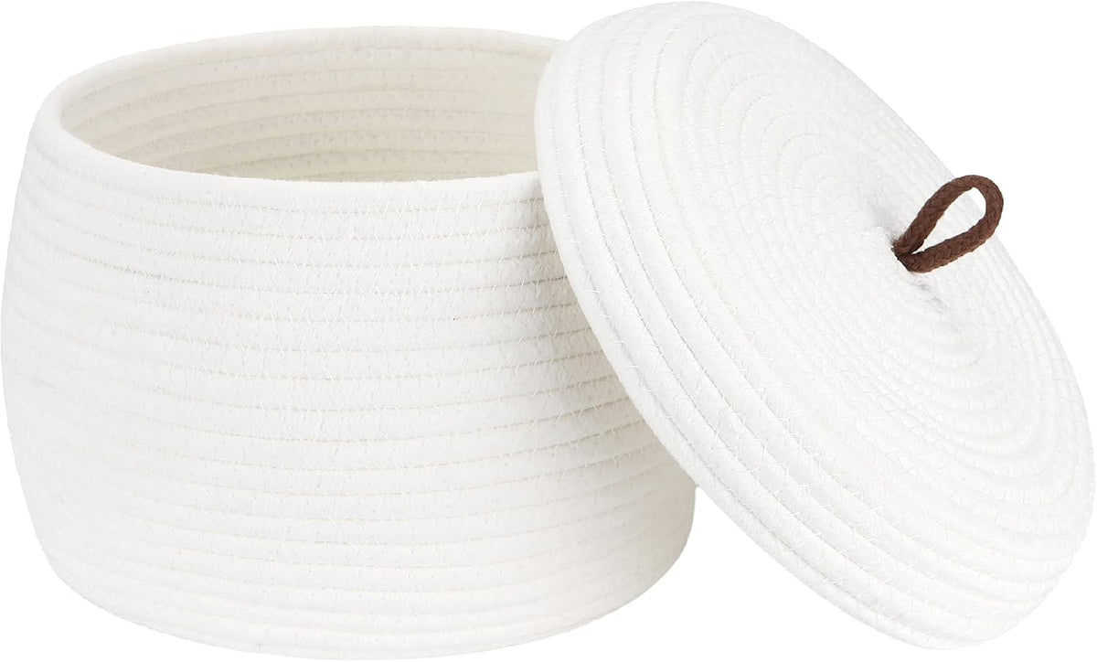 Round Woven Cotton Rope Storage Basket with Lid, Khaki