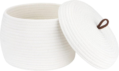 Round Woven Cotton Rope Storage Basket with Lid, Khaki