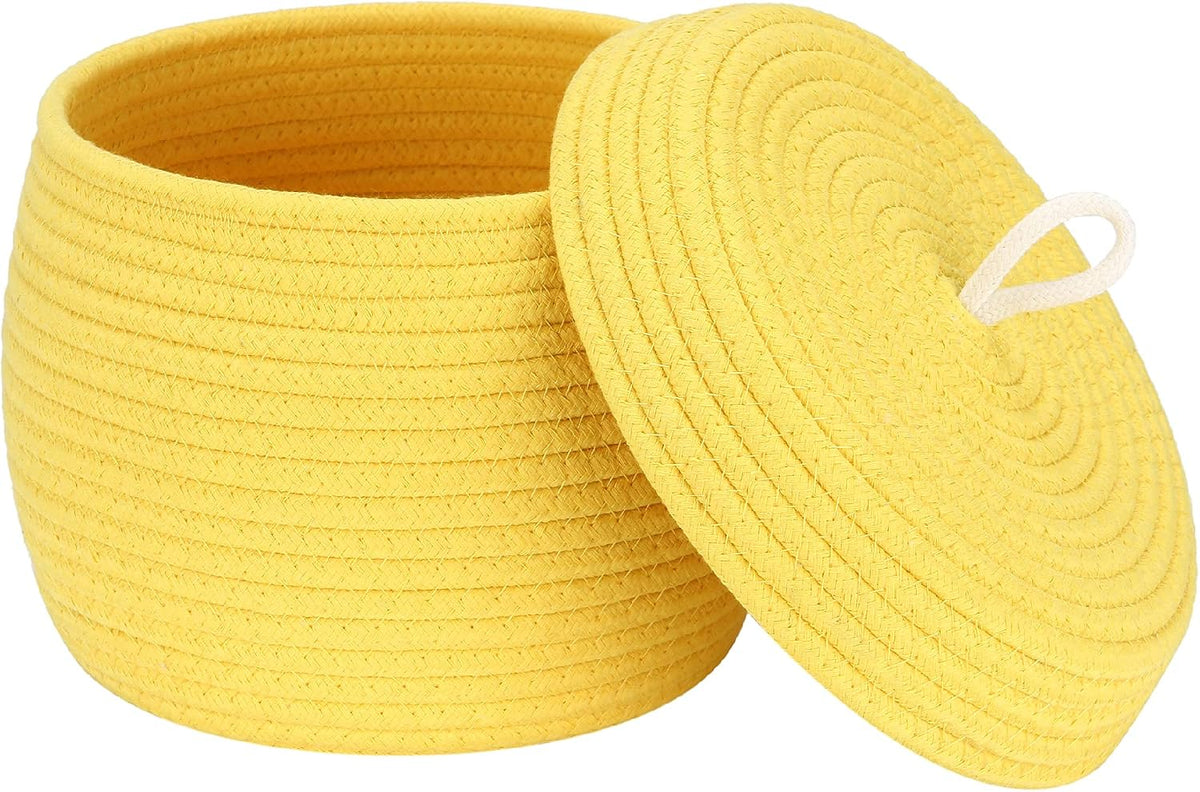 Round Woven Cotton Rope Storage Basket with Lid, Khaki