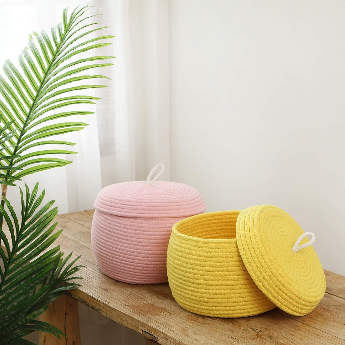 Round Woven Cotton Rope Storage Basket with Lid, Khaki